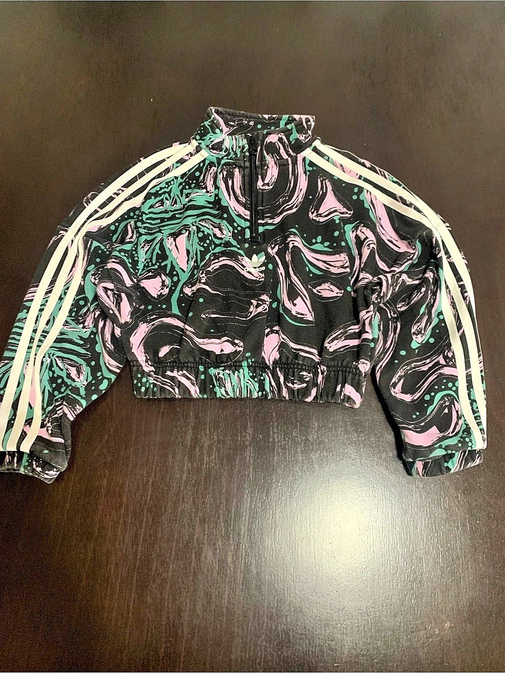 Girl’s Adidas Abstract Cropped Quarter Zip Bomber Sweater in Black, Pink & Green